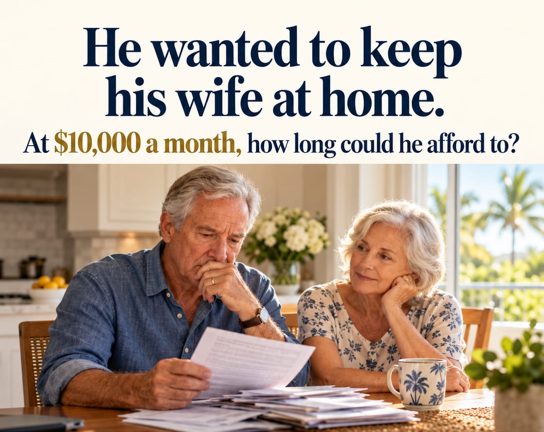Illustration headline: “He wanted to keep his wife at home. At $10,000 a month, how long could he afford to?” An older man studies a stack of care bills at the kitchen table while his wife sits beside him.