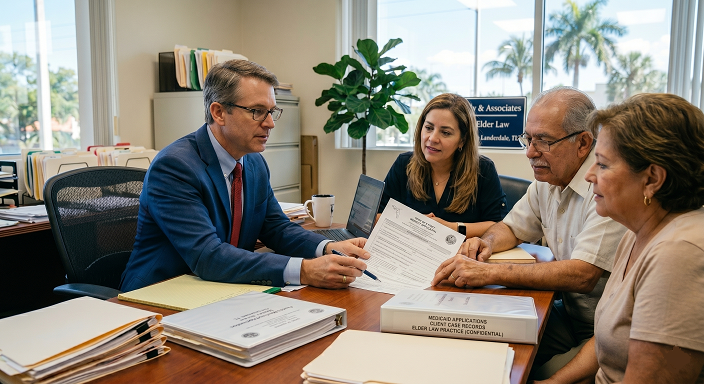 Attorney reviewing Medicaid eligibility paperwork with a Florida family
